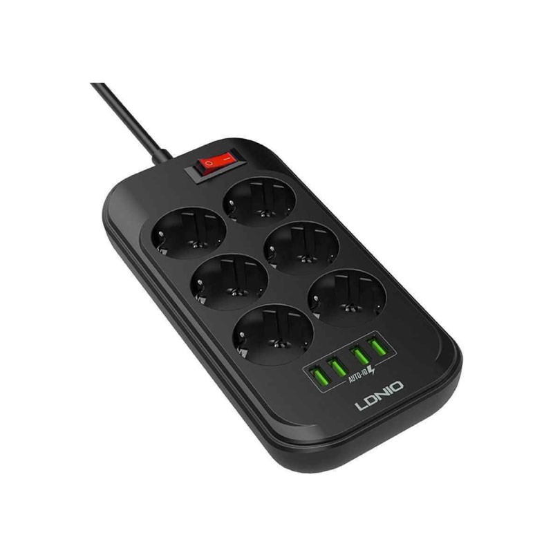 وصلة كهرباء LDNIO 6402 مع 6 مخارج و4 منافذ USB وكابل 2 متر